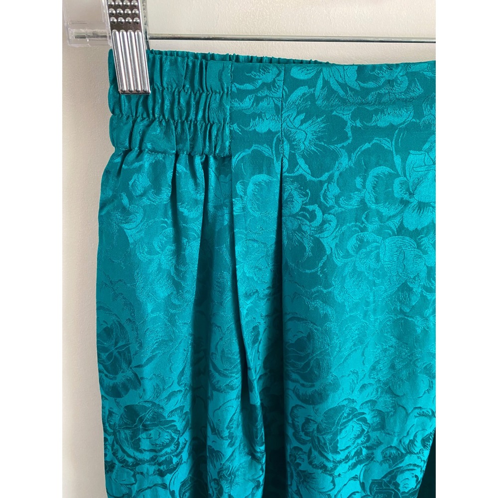 Vintage Teal Green 100% Silk Floral Jacquard Pleated Midi Skirt Womens Size 8 - Picture 2 of 6